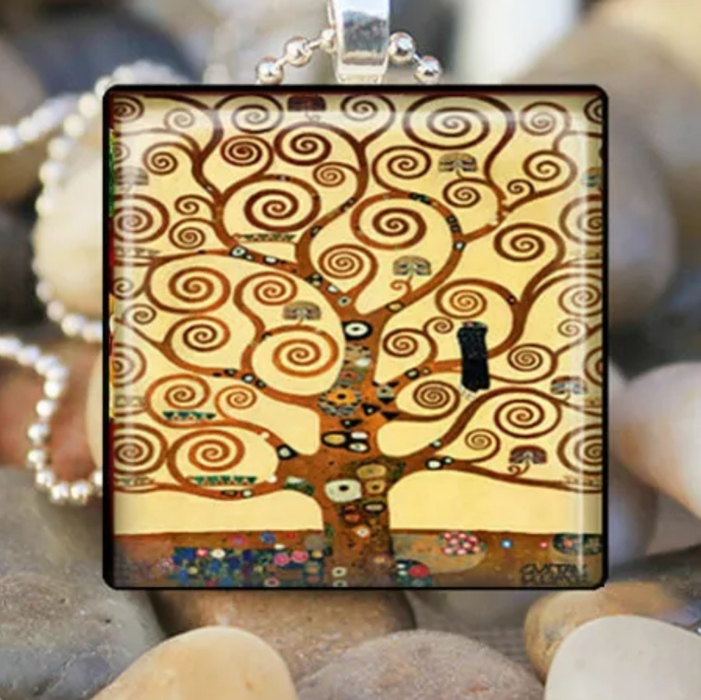Klimt Tree of Life Silver & Glass Tile Necklace